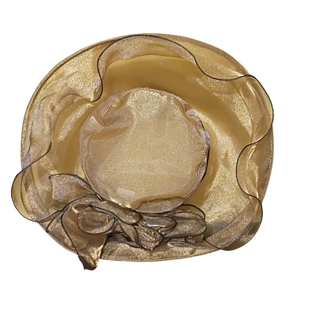 YAYILU Gold Organza Wide Brim Sun Hat Metallic Floral Church Derby Wedding Hat